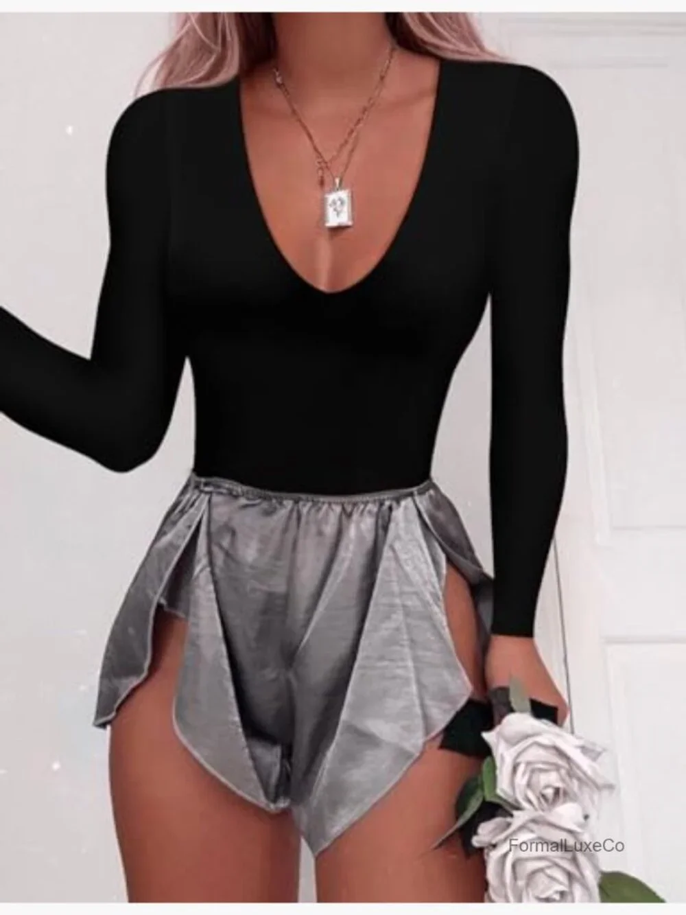 Women's Plunge Deep V Neck Long Sleeve Bodysuit Double Lined Thong Bodysuit Top